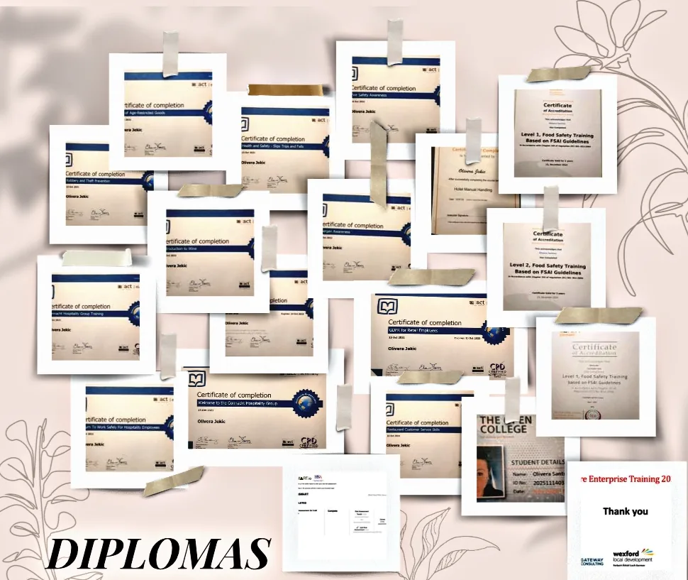 Wall of diplomas and certificates earned by Ollie — food safety, hospitality, allergen awareness